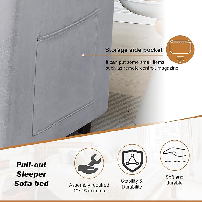 3 in 1 Convertible Sleeper Sofa Bed, Pull Out Couch Loveseat Futon, Adjustable Backrest Velvet Sofa with Pillows and Side Pockets for Living Room Apartment, Light Grey