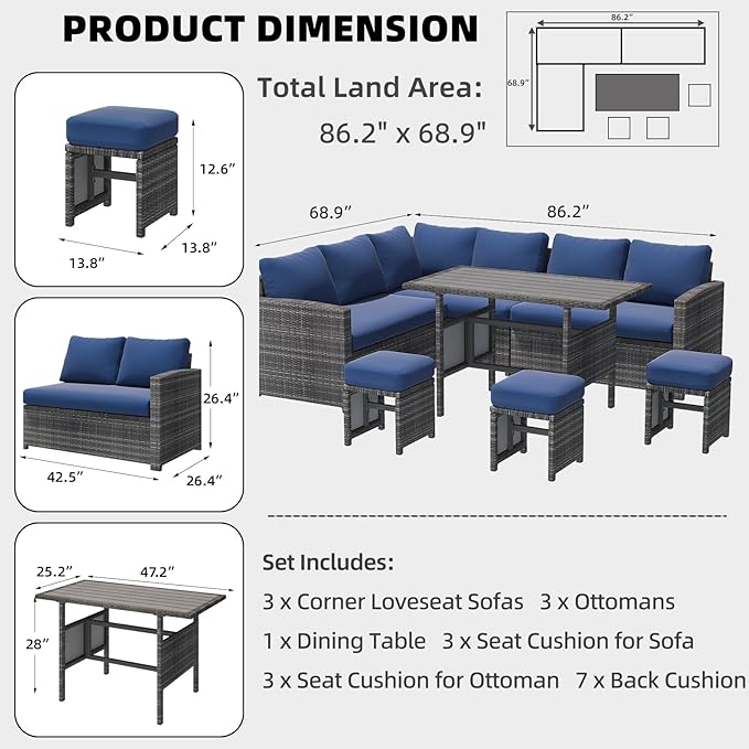 AECOJOY Outdoor Patio Furniture Set, 7 Pieces Clearance Sectional Rattan Dining Table&Chairs, All Weather Wicker Conversation Sofa Couch with Ottoman, Dark Blue Cushions&Grey Rattan