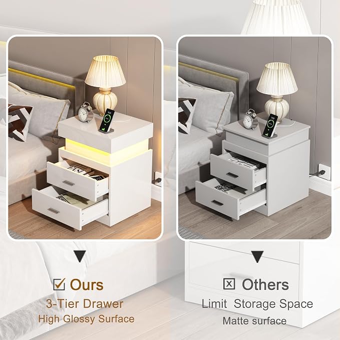 ChooChoo LED Nightstand with Charging Station, Smart Night Stand with Sliding Top Storage, 2-Drawers High Gloss Bedside Table, Modern End Table for Bedroom,White - Image 5