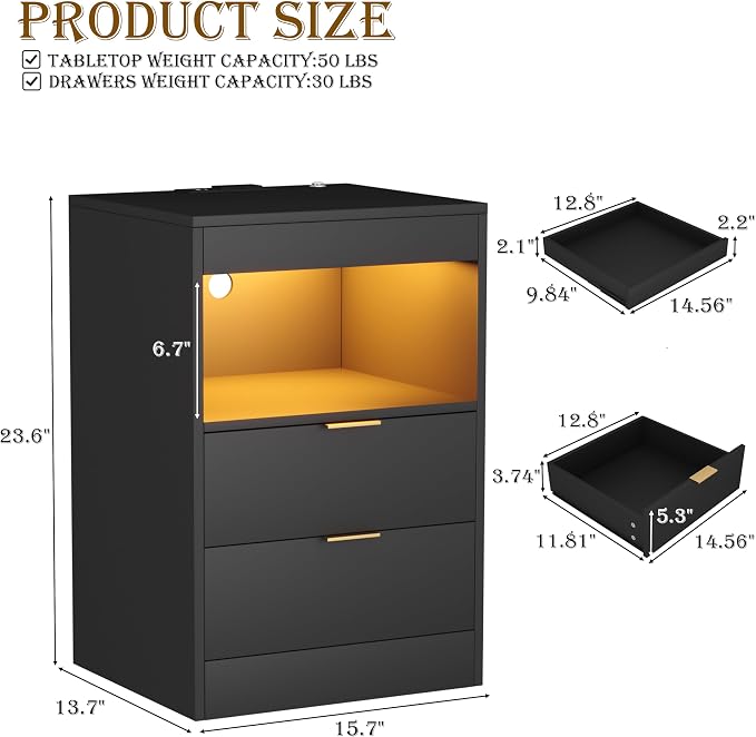 Yusong Night Stand with Gun Drawer & Invisible Lock, Bedside Table, LED Nightstand with Charging Station, Modern Night Stand, Wood Sofa Couch End Side Table with 2 Pull-Out Shelf (Black 002) - Image 2