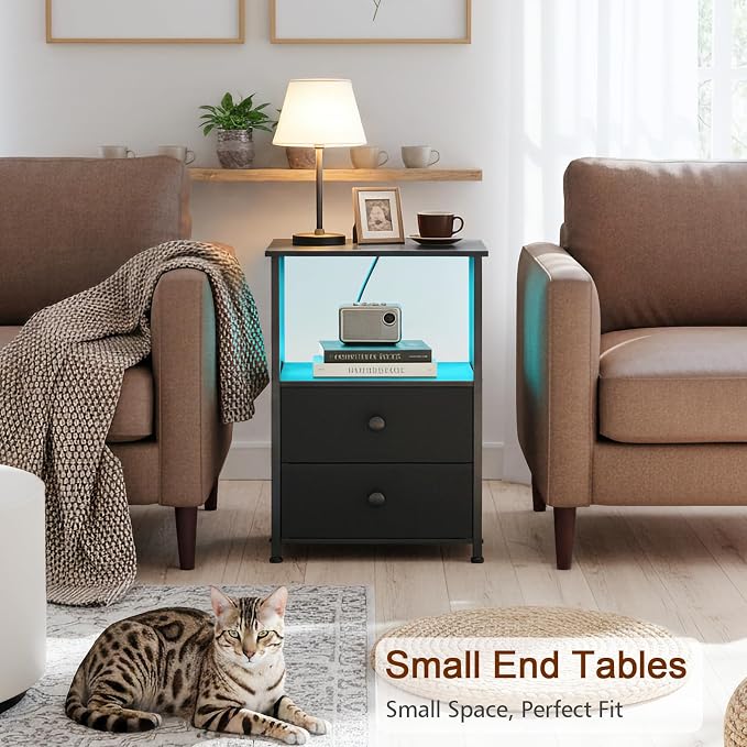 LOAKEKEL Night Stand Set 2, LED Nightstand with Charging Station, End Tables with Storage Shelf, Bed Side Table with 2 Fabric Drawers for Bedroom, Small Spaces, Black, HETS02BK - Image 7