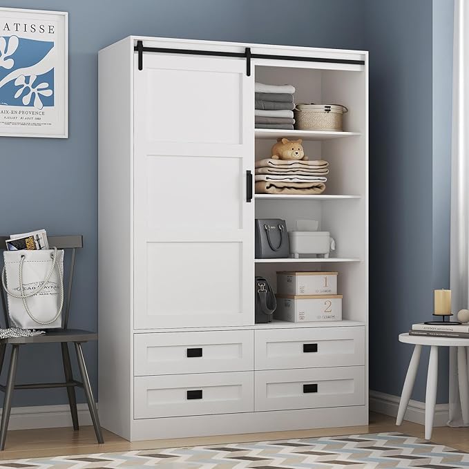 Armoire Wardrobe Closet with Sliding barn Door，Wardrobe Cabinet with 4 Storage Drawers and Hanging Rail,Freestanding Wooden Closet for Bedroom (White)