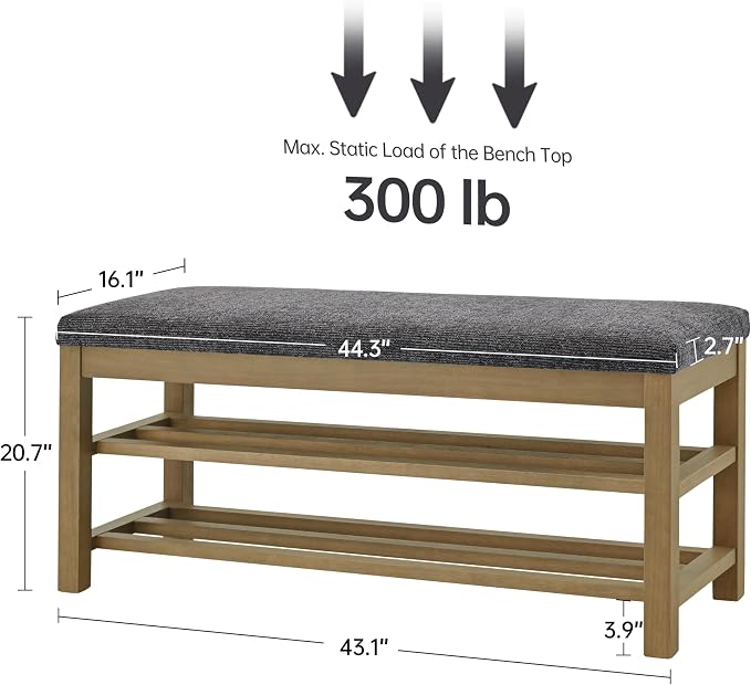 VKNOW 44.3” Wooden Entryway Bench, 2-Tier Upholstered Shoe Storage Bench for Bedroom, Storage End of Bed Bench with Rubberwood Legs for Living Room, Hallway, Black - Image 2
