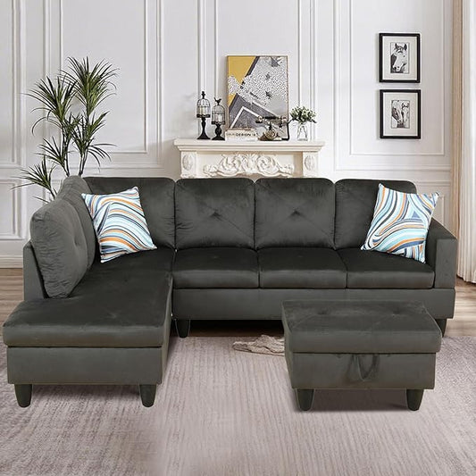 Sectional Couches for Living Room Furniture, 4 Seat L Shaped Couches with Ottoman, Modular Sectional Sofa for Apartment Furniture Sets, Grey