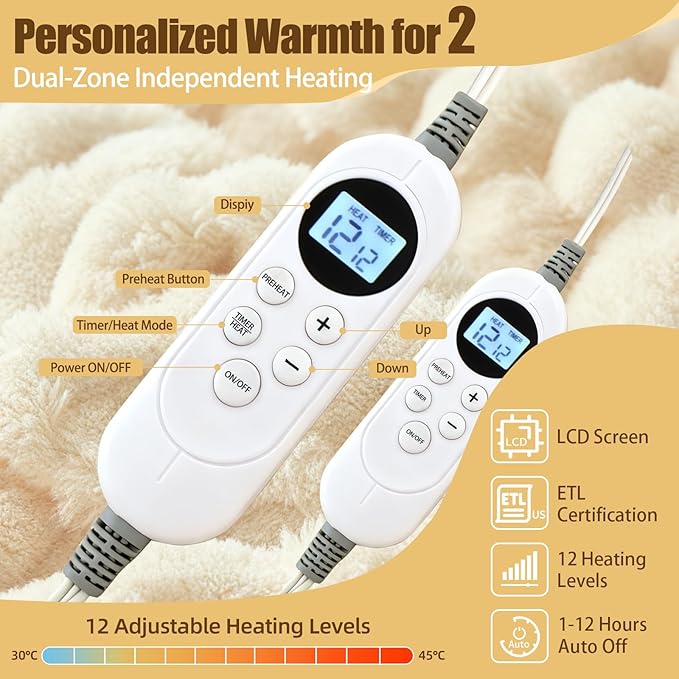 Eastsora Heated Blanket Electric Blanket Heating, Dual Control Soft Ribbed Faux Fur Electric Blanket with 12 Heat Levels 12H Timer ETL FCC Certified Machine Washable (White, King | 90" x 100")