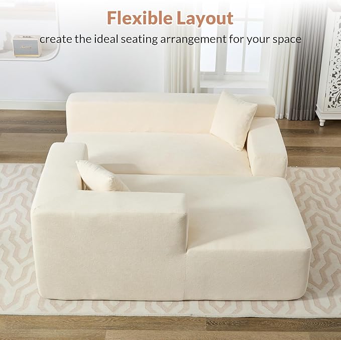 Rovibek Modular No Assembly Compression Sofa with 5 Pillows, L Shape Sectional Couch Deep Seat Couches with Chaise for Living Room, White