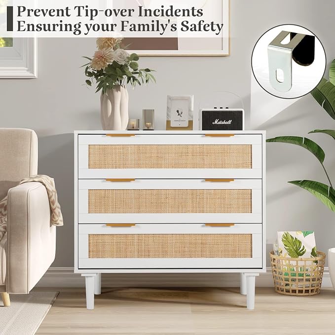 HOPUBUY Large Nightstand Set of 2 with Rattan Drawer, Modern 3 Drawer Night Stand for Bedroom, Wooden Bedside Table for Queen Size and King Size Bed,White - Image 7
