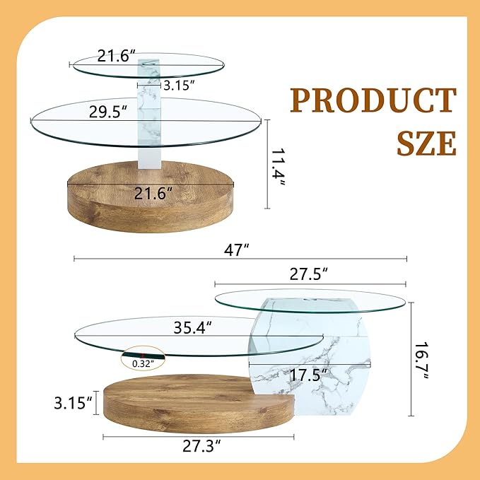 Ebullient Glass Coffee Table, 47" Oval Coffee Table, 2-Tier Glass Tabletop with Wood Base, Easy to Maintain and Assemble, Ideal for Dining Room, Living Room