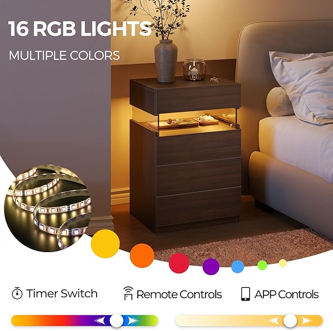 Bingoday Walnut LED Nightstand,Modern Night Stand with 4 Drawers,Tall Nightstand,Large Capacity,Multi-Color LED Lights,End Side Table for Bedroom - Image 5