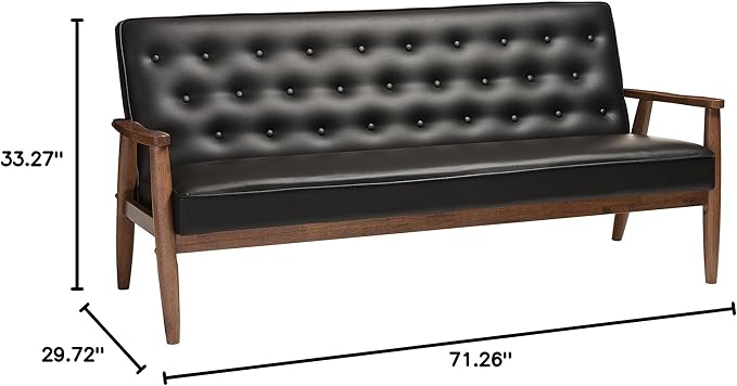 Baxton Studio Sorrento Mid-Century Retro Modern Faux Leather Upholstered Wooden 3-Seater Sofa, Black