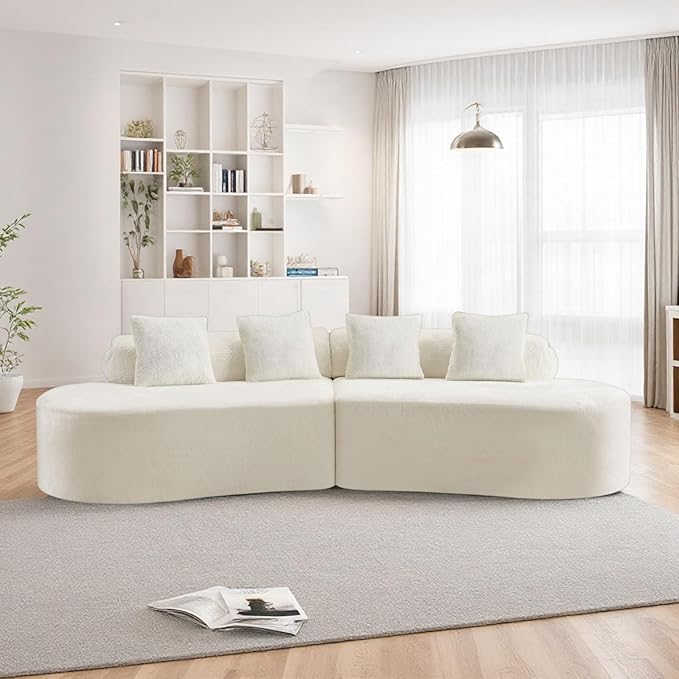 Curved Multi-Seater Sofa, Modern Modular Sofa with Cylindrical Backrest & 4 Coordinating Pillows, 111'' Flannelette Leisure Combination Couch with Ergonomic Design for Living Room, White