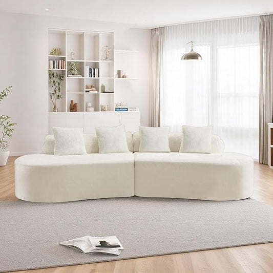 Curved Multi-Seater Sofa, Modern Modular Sofa with Cylindrical Backrest & 4 Coordinating Pillows, 111'' Flannelette Leisure Combination Couch with Ergonomic Design for Living Room, White