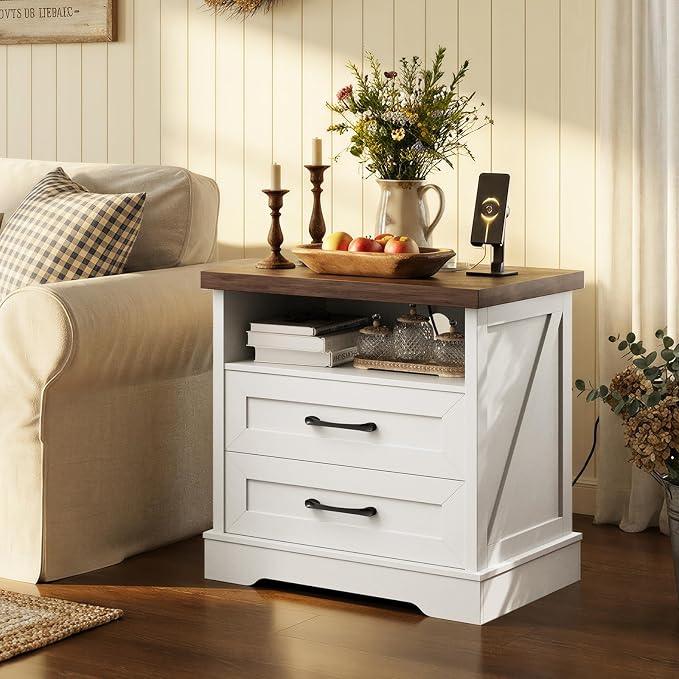 AODK 24 Inch Farmhouse Nightstand Set of 2, Bedside Tables with Charging Station, Wood End Tables with 2 Drawers and Open Shelf, Rustic Bed Side Table for Bedroom & Living Room, White & Dark Walnut - Image 7