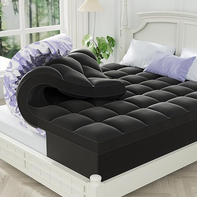 ChiXpace Dual Layer 5 Inch Memory Foam Mattress Topper Queen - 3 Inch Pillow Top Mattress Pad and 2 Inch Gel Memory Foam, 7-Zone Egg Crate Queen Size Mattress Topper (Black)