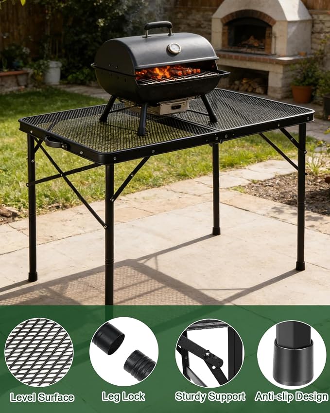 3 ft Folding Table with Adjustable Height, Camping Table with Carry Handle, Metal Mesh Table ,Portable Grill Table for Camping, Tailgating, BBQ, Picnic & Indoor, Fits 3–6 People, Supports 66 lb, Black - Image 7