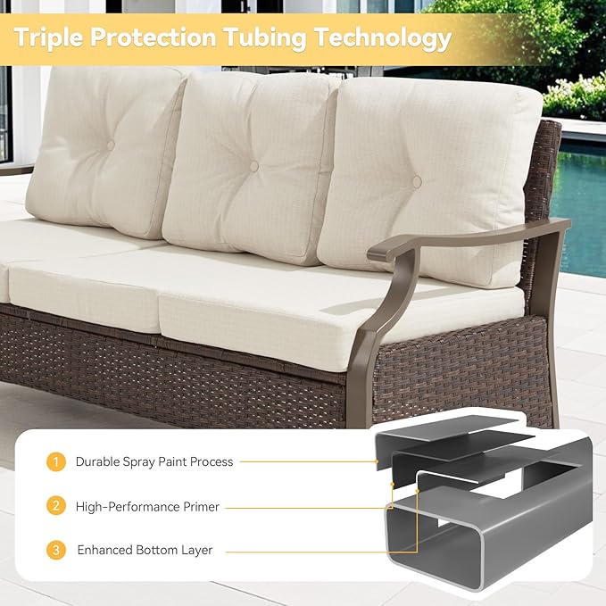 Outdoor Patio Furniture Set, 7 Pieces Outdoor Conversation Sets with Coffee Table, Side Table & Ottoman, Wicker Rattan Outdoor Sectional Sofa Set for Backyard, Deck, Porch, Poolside, Beig