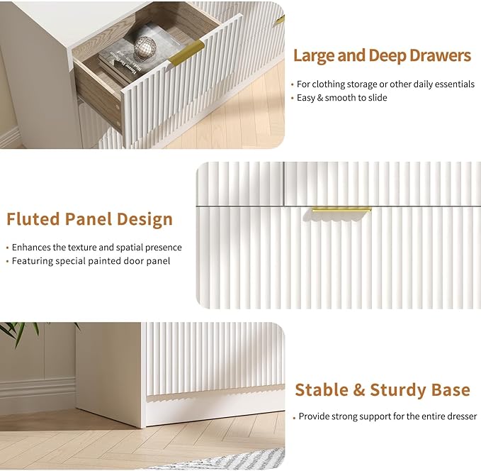 7 Drawer Dresser and Nightstand Sets, 3 Pcs Bedroom Set for Bedroom, Fluted Night Stand Set of 2 & 55" Wide Dresser w/Gold Handles, Modern Wood Chest of Drawers Storage Cabinet Set, White