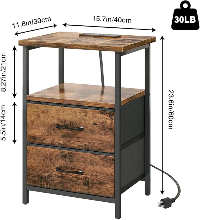 Fixwal Night Stand with Charger Station, Nightstand with Charging Station & Fabric Drawers，Rustic Brown - Image 3