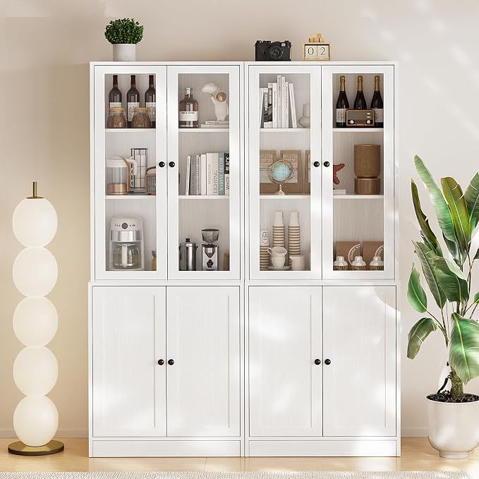 TUSY 71" TV Stand Storage Set - 2 Tall Bookcases & 2 Side Cabinets, Media Console with Glass & Wood Doors, Entertainment Center with Drawers, Tall Media Console for Living Room (White, AEEA) - Image 6