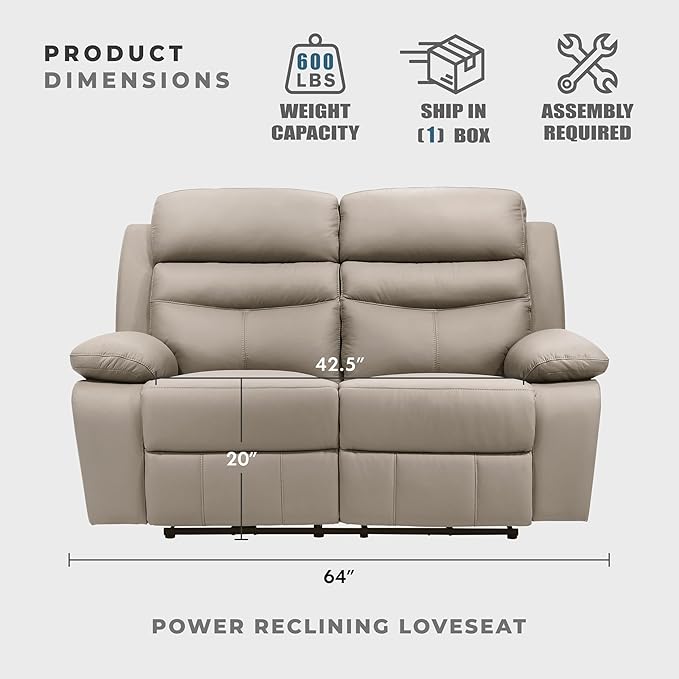 Lexicon Recliner Sofa for Living Room, Double Reclining RV Couch, Power Wall Hugger Recliner Home Theater Seating Leather Match Reclining Sofa, with USB Charge Port, 64''W Loveseat, Latte