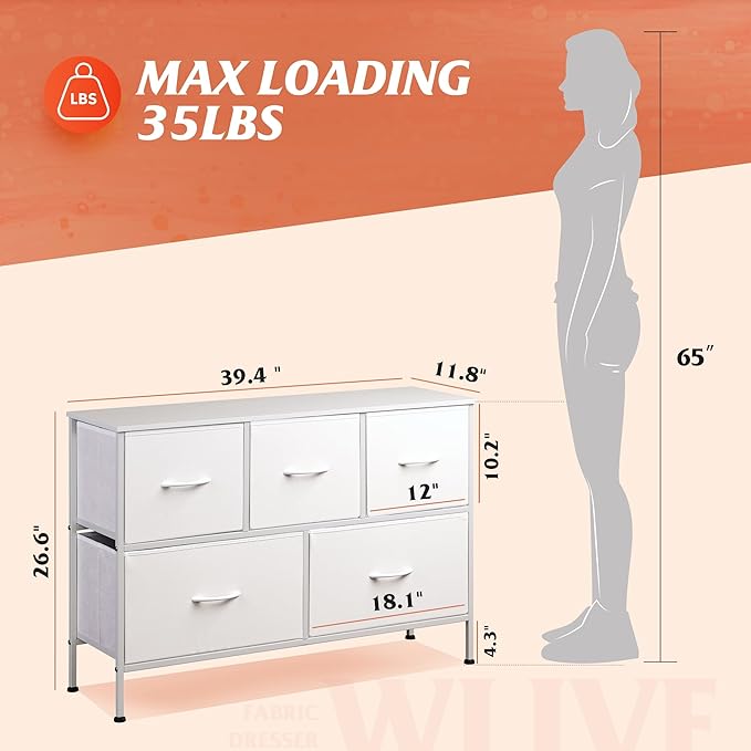 WLIVE White Dresser for Bedroom with 5 Drawers, Chest of Drawers, Fabric Small Dresser with Drawer Organizers, Storage Organizer Unit for Hallway, Entryway, Closets - Image 3