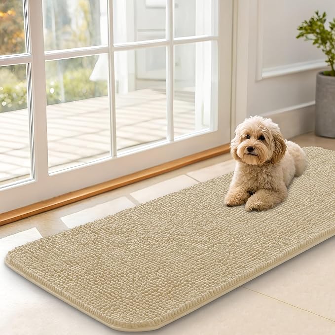 OLANLY Dog Door Mat for Muddy Paws 47x17, Absorbs Moisture and Dirt, Absorbent Non-Slip Washable Doormat, Quick Dry Chenille Mud Mat for Dogs, Entry Indoor Entryway Carpet for Inside Floor, Beige by OLANLY