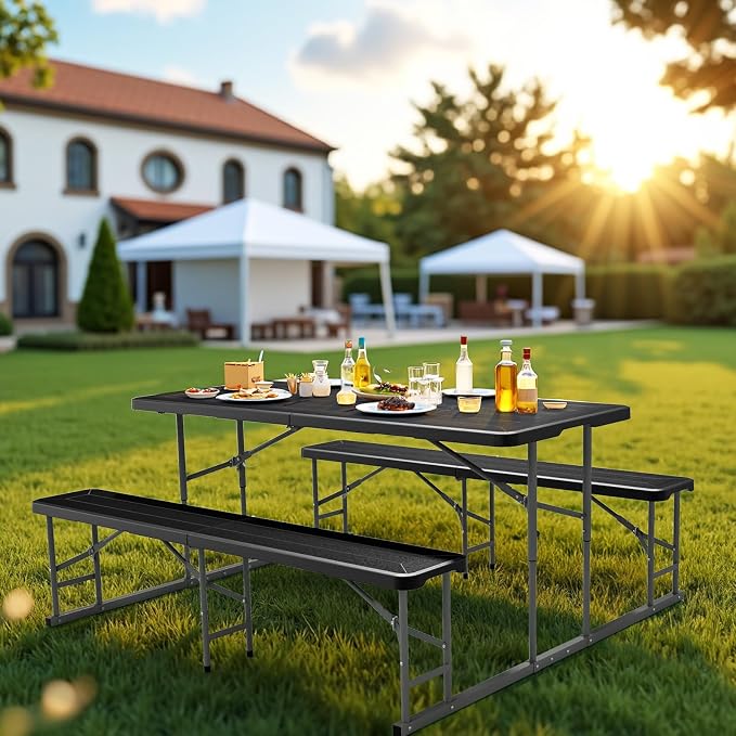 VINGLI Folding Picnic Table and Bench Set, Portable Outdoor Dining Furniture for Camping, Patio, Backyard, Wood Grain Plastic Top with Metal Frame (Black) - Image 7