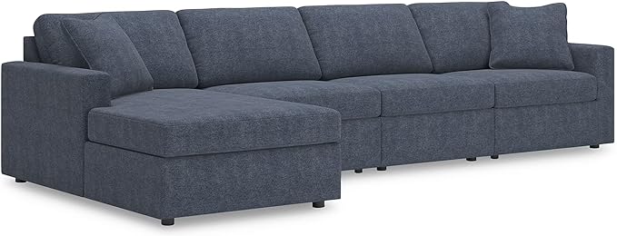 Signature Design by Ashley Modmax Stain Resistant Minimalist Modular Anti Sag Left-Arm Facing 4-Piece Sectional with Chaise, Loose Reversible Cushions and 2 Accent Pillows, Blue