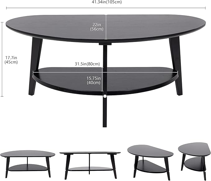 Mid Century Modern Coffee Table, Oval Coffee Tables with Storage for Living Room, 2 Tier Solid Wood Center Table, Black Coffe Tables, Easy Assembly, 40.2" D x 22" W x 17.7" H