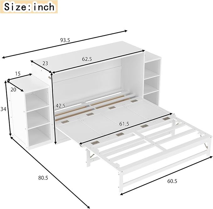 Bellemave Queen Size Murphy Bed, Cabinet Bed with 2 Shelves and Storage Drawers, Farmhouse Murphy Cabinet, Noisy Free, for Guest Bedroom, Living Room, Office, White