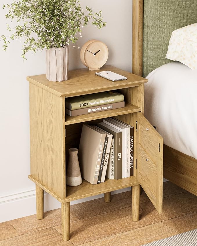 Nightstand, Boho Night Stand with 1 Drawers, Modern Side Accent Table with Open Shelf, Wooden Top Bedside End Table for Bedroom, Living Room, Yellow Oak - Image 8
