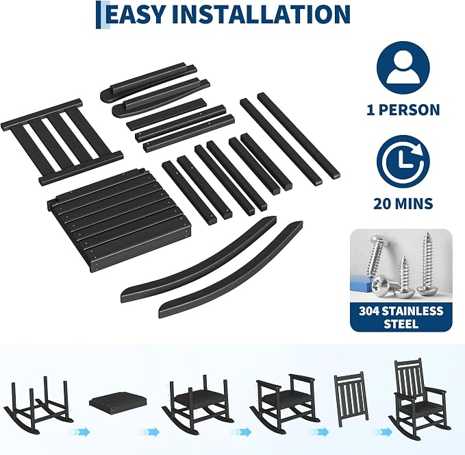 Garvee HDPE Rocking Chair Outdoor Set of 4 - Poly High Back Porch Rocker Chairs for Adults - All Weather Resistant Furniture for Patio Front Porch - Black - Image 5