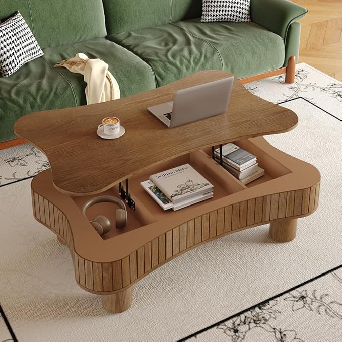 Irregular Coffee Table with Storage Cloud Coffee Table with Lifting Top Mid Century Modern Coffee Tables Smart Low Center Tables for Living Room 42.52'' Dark Walnut