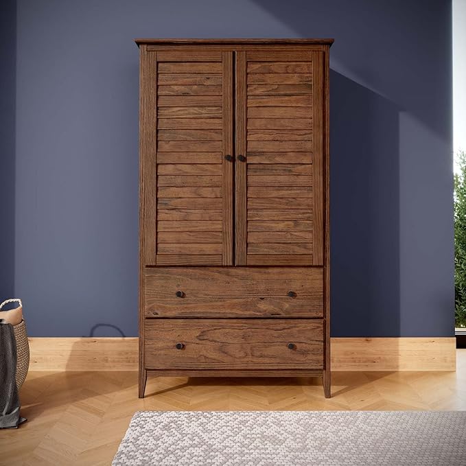 Grain Wood Furniture Greenport 2-Door Wardrobe, Solid Wood with a Brushed Walnut Finish