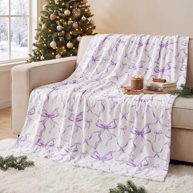 Buryeah Purple Bow Throw Blanket Valentine's Day Galentines Day Gifts Preppy Blanket Coquette 50 X60 Flannel Soft Cute Bow Lightweight Aesthetic Room Decor for Women Friends for Sofa Couch Travel Bed