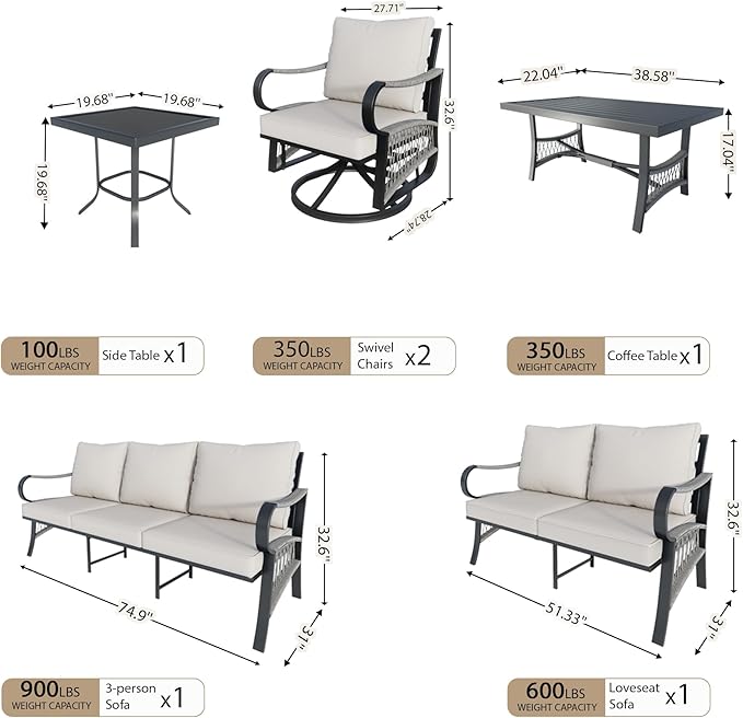 6 Pieces Outdoor Patio Conversation Sets, Outdoor Furniture Set Metal Swivel Rocking Chairs with Side Table, Loveseat Sofa with Coffee Table, 3-Seater Couch for Backyard Deck Porch Poolside, Beige