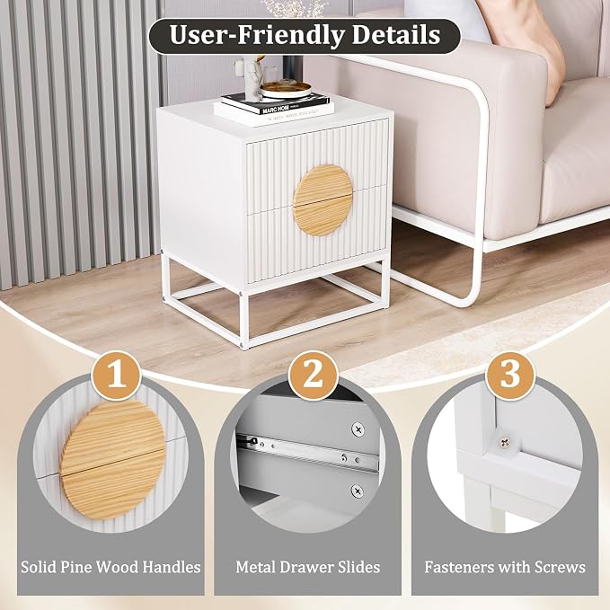 Giantex Fluted Nightstand with 2 Drawers Set of 2, White Wood Bedside Table with Natural Circle Handle & Metal Frame, Minimalist Accent End Table, Modern Mid Century Night Stand for Bedroom - Image 6