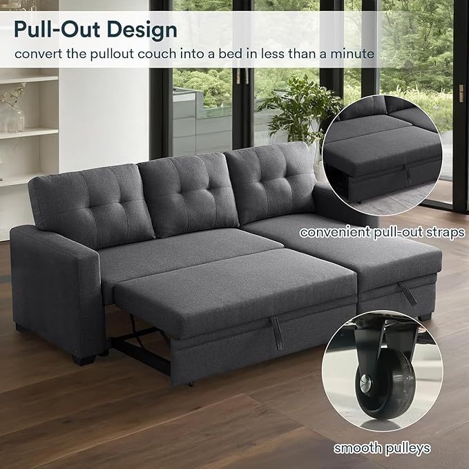 L Shaped Couch, 4 in 1 Pull Out Sofa Bed Sleeper, Sectional Sofa with Storage Convertible, Sofa Bed 82in Chaise Lounge for Living Room Apartment Dorm