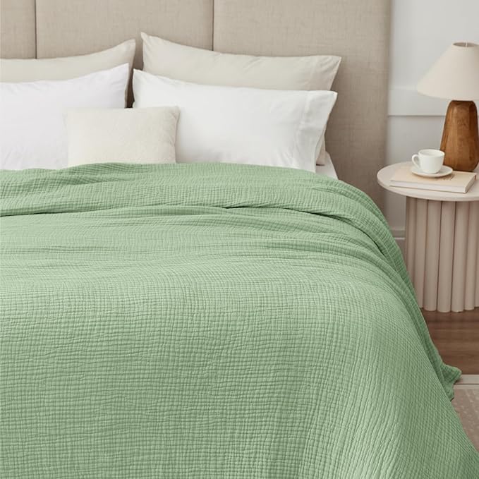 100% Cotton Muslin Blanket Large 50" x 70", 6 Layers Breathable and Lightweight Cotton Throw Blanket for Bed and Couch, Soft Quilt Bedspread, Gauze Blanket for Adults All Season, Sage Green