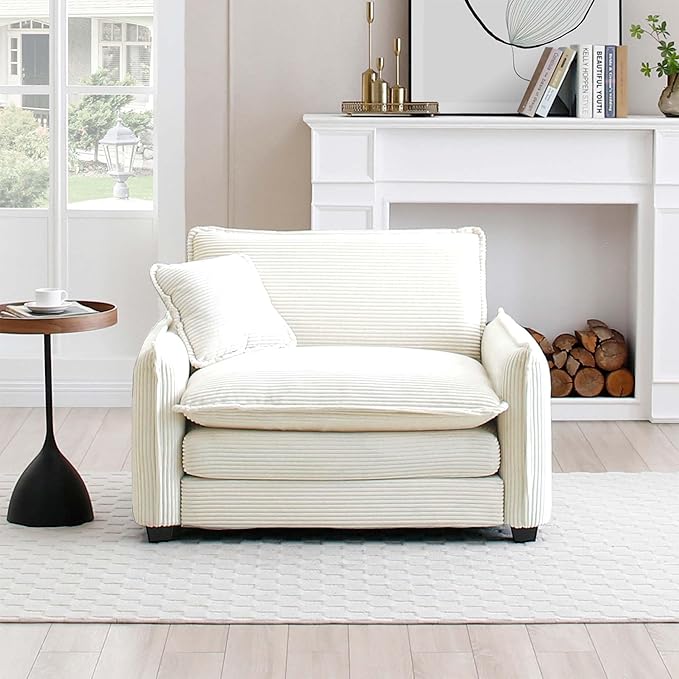 KEIKI 46" Oversized Corduroy Modular Sectional Single Sofa with High-Density Foam Cushions, Removable Armrests, Upholstered Retro 1-Seater Lounge Accent Chair with 1 Pillow, for Living Room, Beige
