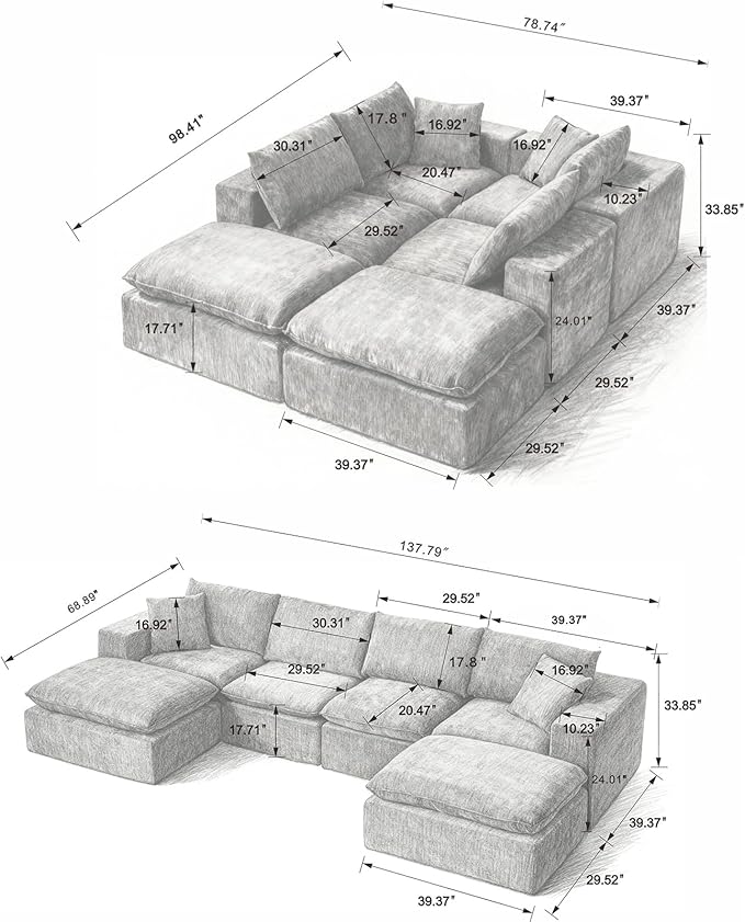 Cloud Modular Sectional Couches Boneless Sofa for Living Room, 138" Oversized U Shaped Corner Couch with Movable Ottomans, Memory Foam Compressed 6 Seater Sofa for Living Room | Plush, Wider Armrest, Free Combination