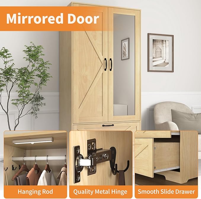 31.5" Natural Wood Finish 2-Door Wardrobe with Mirror, Modern Closet with 2 Drawers, Geometric Design Storage Cabinet for Bedroom