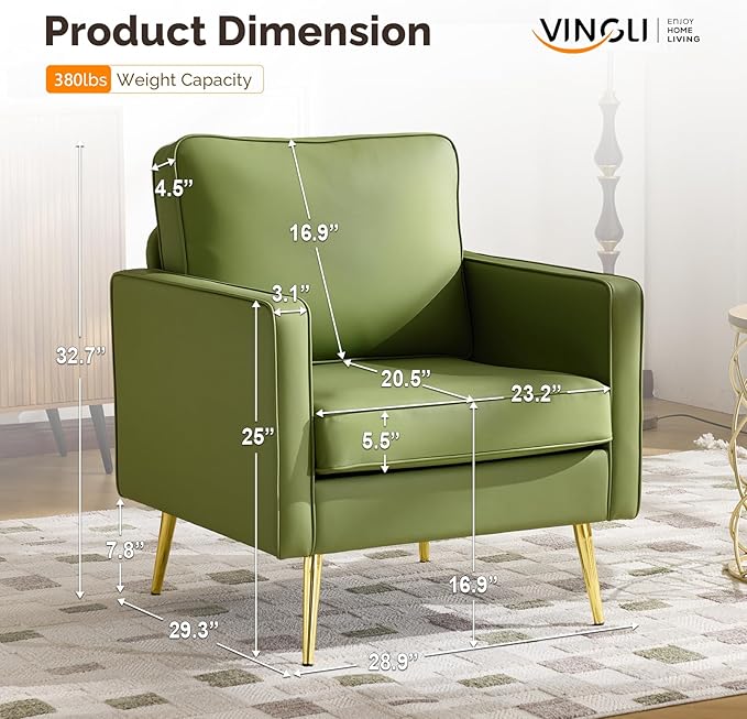 VINGLI Modern PU Leather Accent Chair, Single Sofa Chair with Pocket Coil Seat, Metal Backrest & Solid Wood Frame, Upholstered Armchair for Living Room, Bedroom or Office