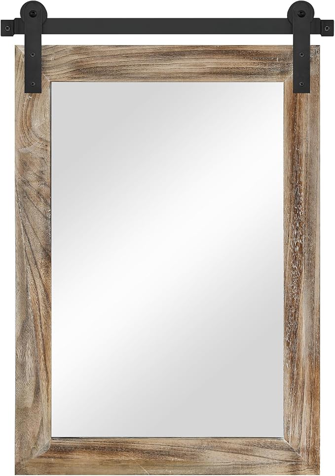 COGOOD Farmhouse Barn Door Mirror - 21 x 30 Rustic Wood Framed Wall Mirror for Bathroom, Living Room, Entryway Wall Decor (Striped Brown) - Image 4