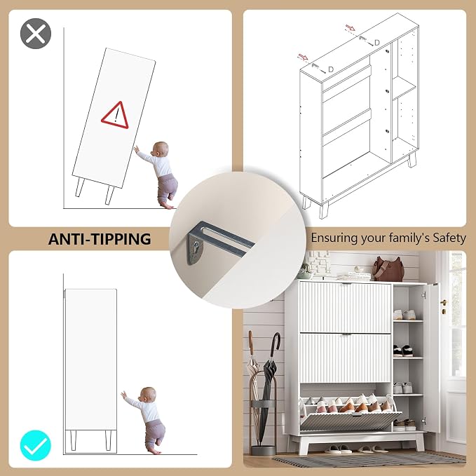 Shoe Cabinet Storage for Entryway with 3 Flip Drawers & Side Cabinet, Fluted Narrow Shoe Organizer with Wooden Leg, Freestanding Shoe Storage Hidden Shoe Rack Organizer for Front Door Entrance, White - Image 7