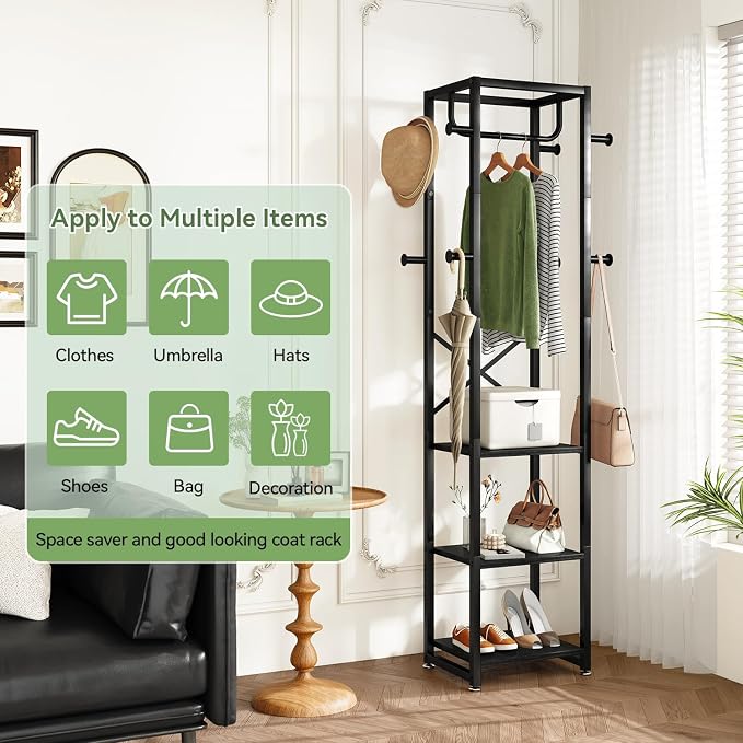 IBUYKE Coat Rack with Shelves, Freestanding Hall Tree with 3 Shelves and 8 Hooks, Industrial Clothes Stand for Entryway, Hallway, Bedroom, Black UTMJ088B - Image 2