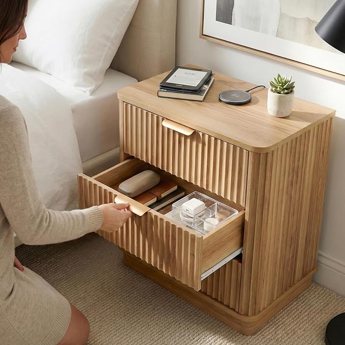 LYNCOHOME 23 inch Wide Fluted Nightstand with 3 Drawers, Modern Curved Bedside Table,Wood Night Stand with Storage,End Table for Bedroom & Living Room,Dresser for Bedroom Living Room,Natural,Oak - Image 6