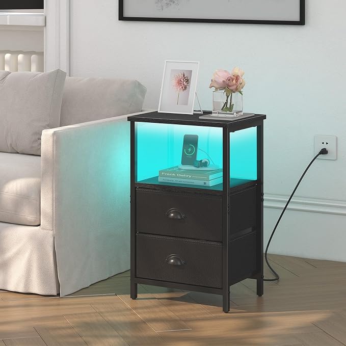 sthmec Nightstand with Charging Station, LED Night Stand Set 2, Bedside Table End Table Set of 2, Bedroom Table with 2 Fabric Drawers PU Finish, 3-Tier Storage Side Table for Bedroom,Black - Image 2