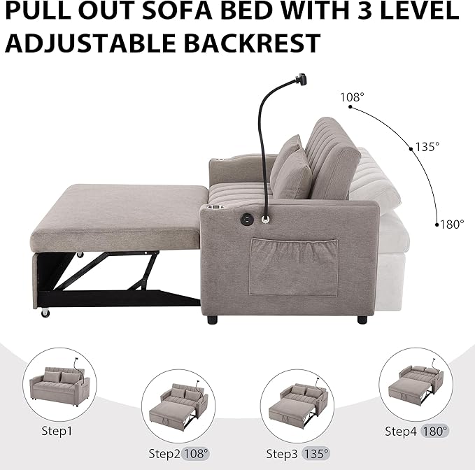 Eafurn 3 in 1 Convertible Sleeper Sofa Bed - Pull Out Couch Bed with Side Pockets, 55.9" Futon Love Seat Sleeper with Cup Holders and 360°Swivel Phone Holder for Living Room