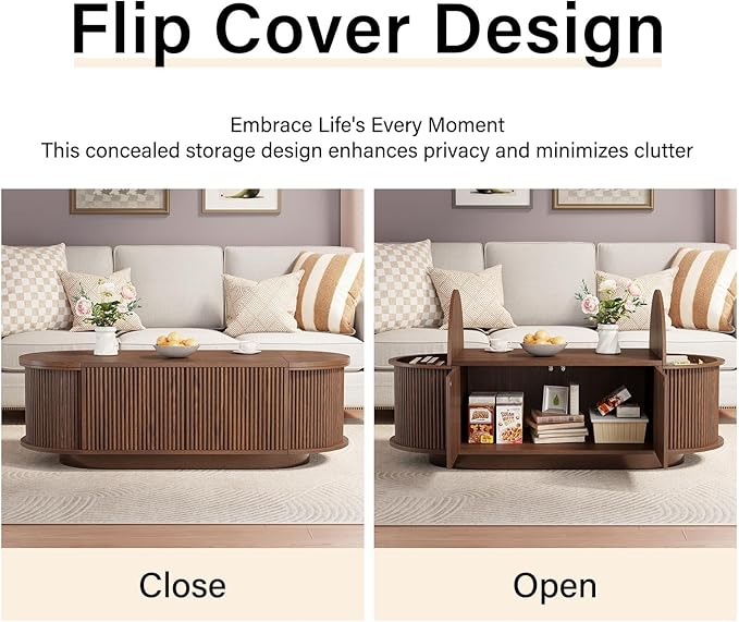 HSH Oval Coffee Table with Storage, 47” Modern Coffee Table with Press Type Door, Fluted Living Room Tables with 2 Flip-Top Hidden Lids, Wood Center Table for Living Room, Office, Walnut